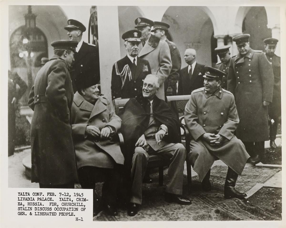 (BIG THREE--YALTA & TEHRAN CONFERENCES) Suite of 3 photographs depicting Winston Churchill, Josef Stalin, and Franklin D. Roosevelt at